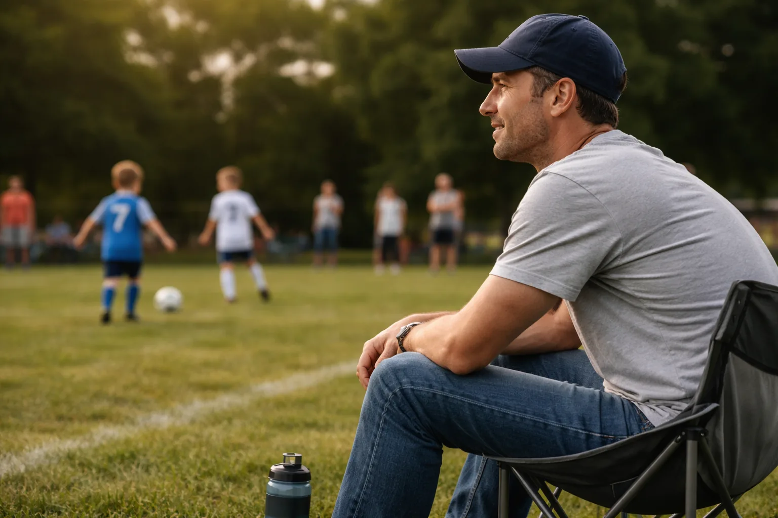 A dad sits in a camp chair, calmly watching his child's soccer game